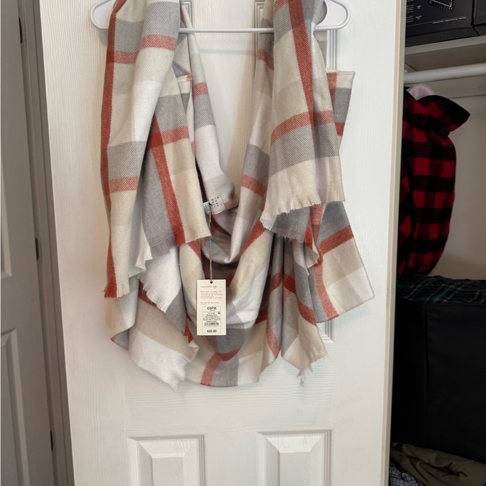 Plaid Scarf in Red, Gray, and Cream